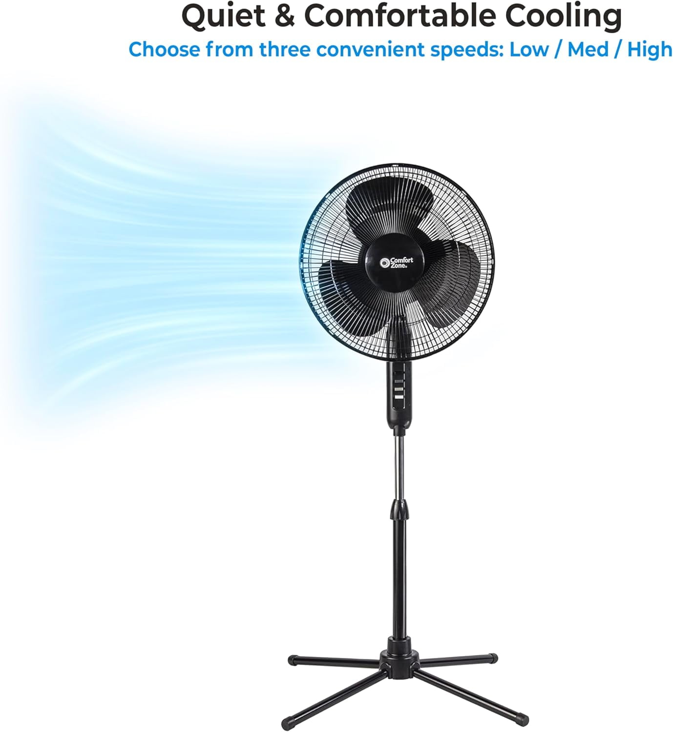 Comfort Zone 16 in. 3-Speed Adjustable-Height Pedestal Fan, Black
