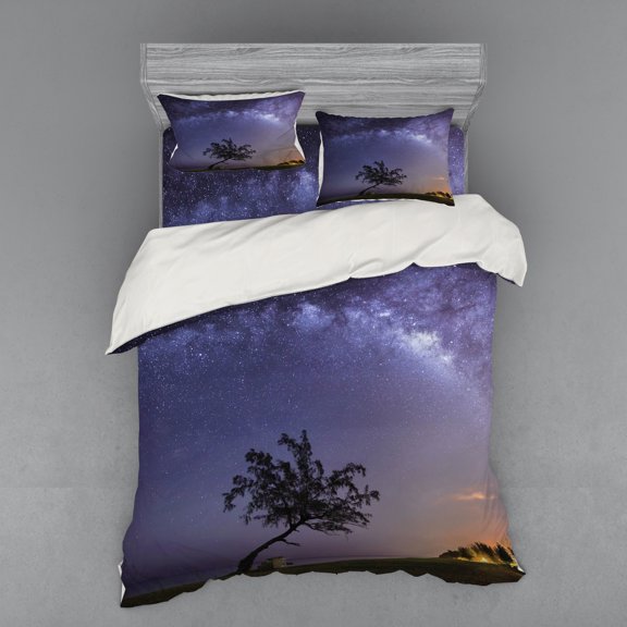 Ambesonne Tree Bedding Set 4 Pcs, Milky Way Stars Space, Queen, Purple Dark Green