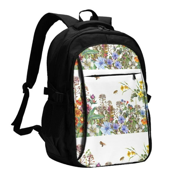 Easygdp Herbs and Wildflowers Mochila para Laptop de Viaje con Puerto USB, Mochila para Laptop con Puerto de Carga USB para Mujeres y Hombres