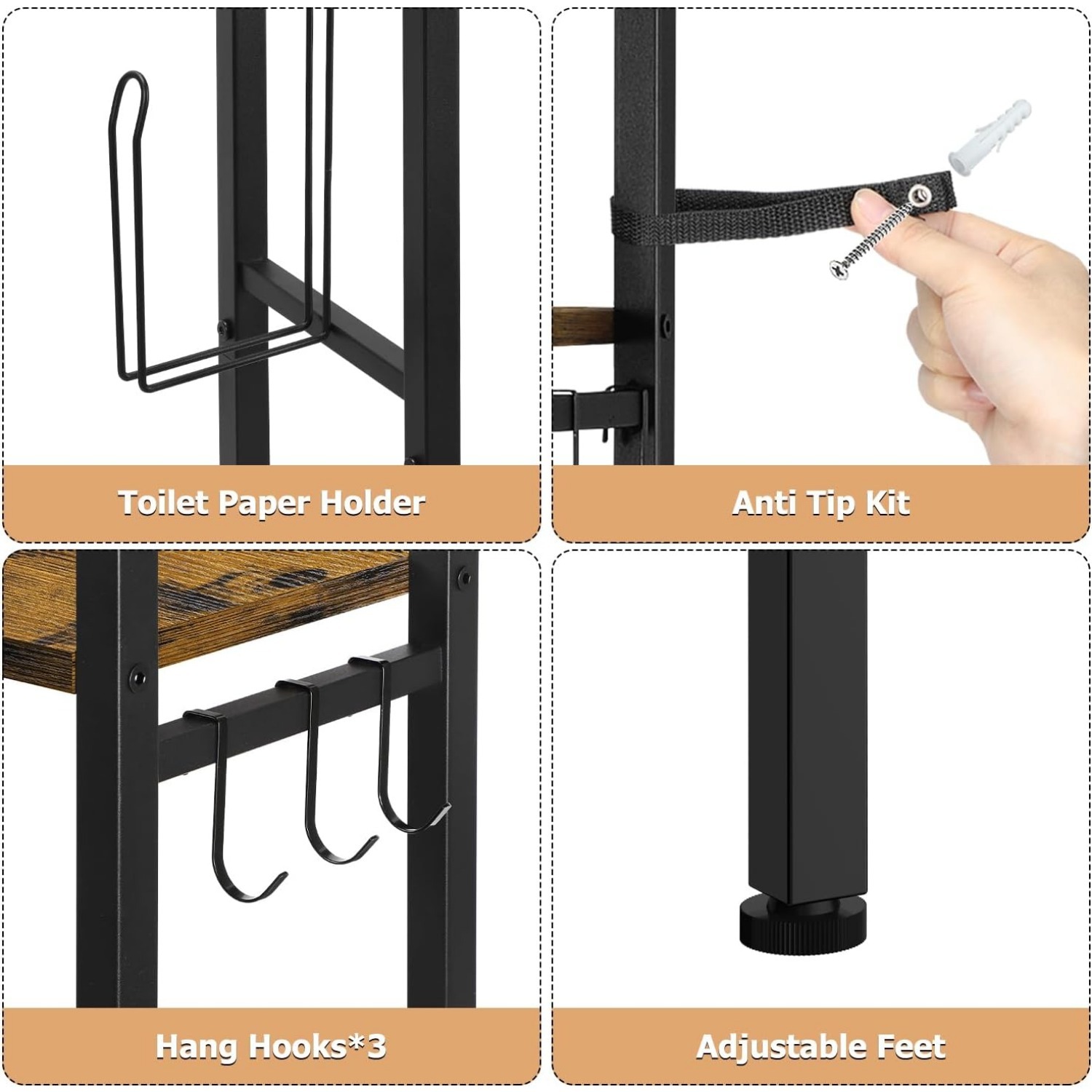 Over The Toilet Storage Shelf, 3-Tier Bathroom Organizer with Toilet Paper Holder and 3 Hooks, Freestanding Shelving for Restroom, Laundry, and Balcony,Brown