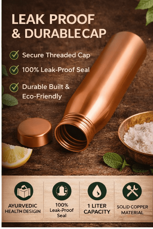 Mayur Exports 100% Pure Copper Water Bottle 1 Liter – Plain Smooth Finish, Leak Proof Cap, Reusable Metal Drinking Bottle for Home, Office, Gym & Travel
