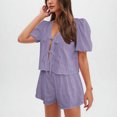 thumbnail image 2 of Camisas de Color Sólido para Mujeres Verano Manga Corta Cuello en V Cuello Delantero Corbata Camisa Pantalones Cortos Conjunto, 2 of 8