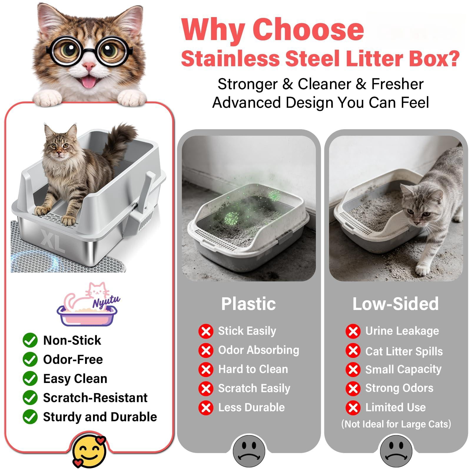 Stainless Steel Cat Litter Box With Lid  Xl Metal High Sided Odor-free/anti-urine Leakage & Non-stick Extra Large Mat Scoop For Multiple/big Cats Easy Cleaning (grey)