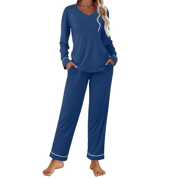 Ekouaer Womens Pajama Sets 2 piece Lounge Sets for Women V-neck Long Sleeve Top and Elastic Waist Pants with Pockets