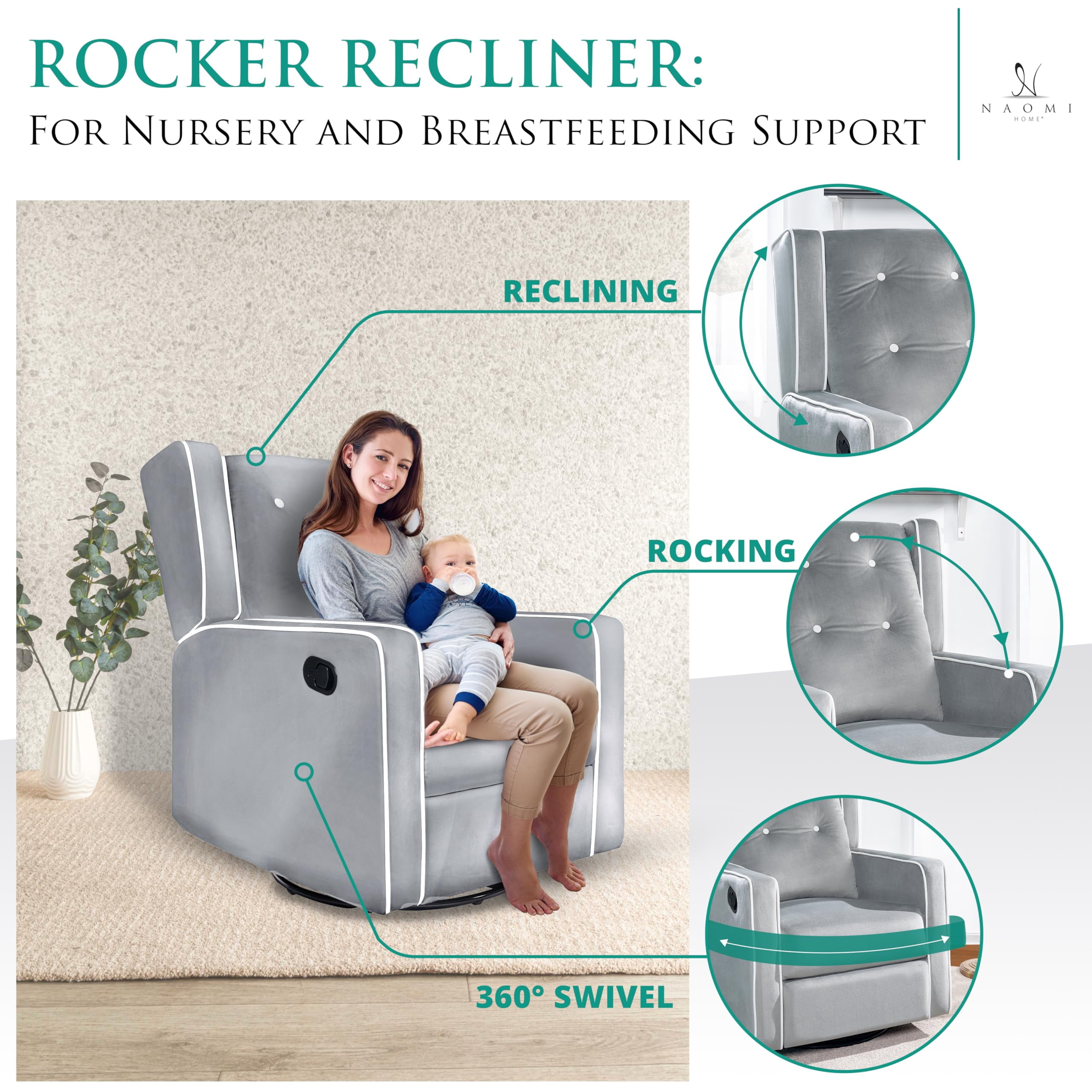 Relax and Bond with Your Baby in Style – Odelia 360° Swivel Glider Rocker Recliner for Nursery and Maternity | Plush Cushions, Gentle Rocking Motion, Soft Microfiber Upholstery - Light Gray