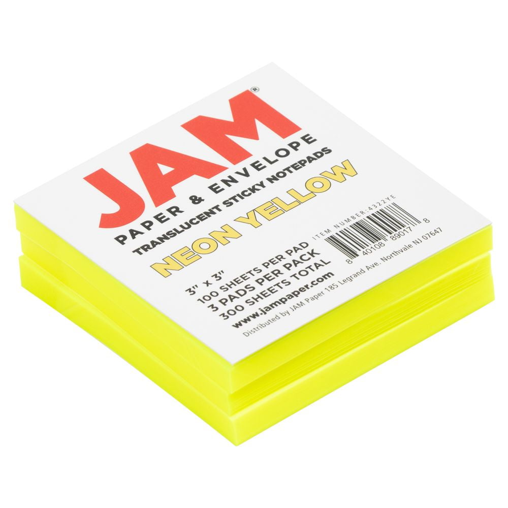 JAM Paper Transparent Sticky Note Pad, Yellow, 3 x 3, 300 Sheets/Pack