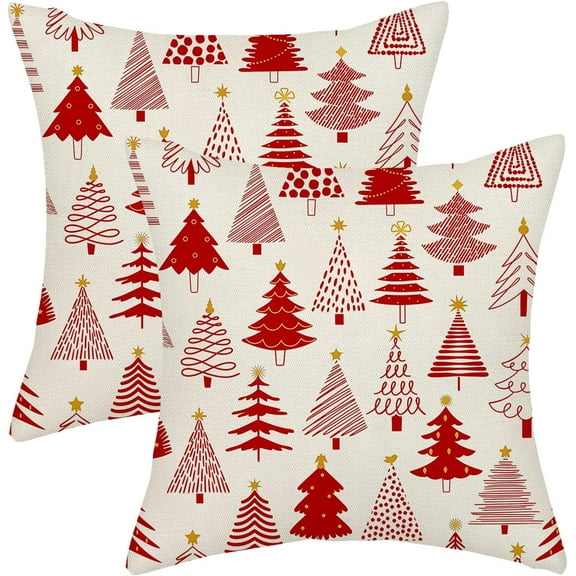 Christmas Pillow Covers 18x18 Inch 2 Pcs Red Christmas Tree Decor Throw Pillows Geometric Winter Xmas Holiday Outdoor Farmhouse Decoration Pillowcase Linen Cushion Cover for Couch Sofa Bed
