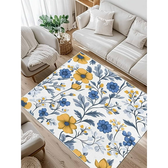 Vintage Yellow Blue Flower Area Rug for Bedroom 5x7 Ft Abstract Floral Super Soft fuzzy Throw Rug Non-Slip Fluffy Plush Indoor Floor Carpet for Living Room Nursery Home Decor