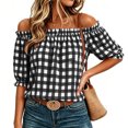 thumbnail image 7 of Setooff Womens Shirts, Gingham Off Shoulder Bubble Sleeve Shirts for Women, Elastic Ruffle Neck Loose Casual Summer Blouse, 7 of 7