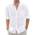 thumbnail image 2 of Cotton Linen Shirt for Men Henley Neck Solid Color Lightweight Breathable Slim Fit Single Breasted Shirt Long Sleeve Button Up Simple Fahion Shirts For Men, 2 of 5