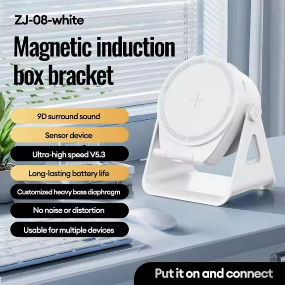 Wireless Induction Speaker, Cell Phone Stand with Bluetooth Speaker, Stereo Sound, RGB Ambient Light, Phone Holder Compatib