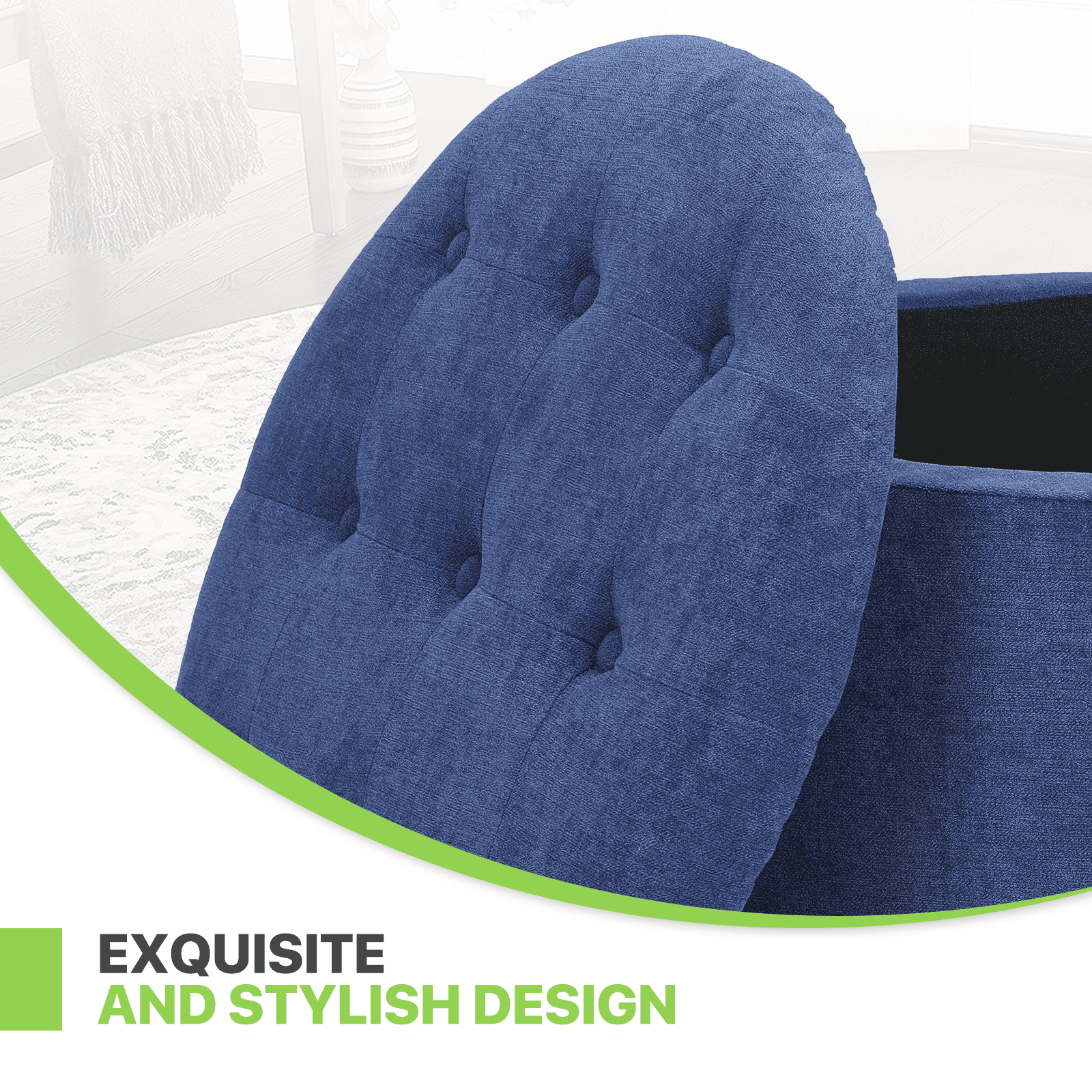 Magshion Storage Ottoman with Padded Seat, Modern Cotton-linen Footrest, Round Seat stool for Living Room Bedroom , Navy Blue
