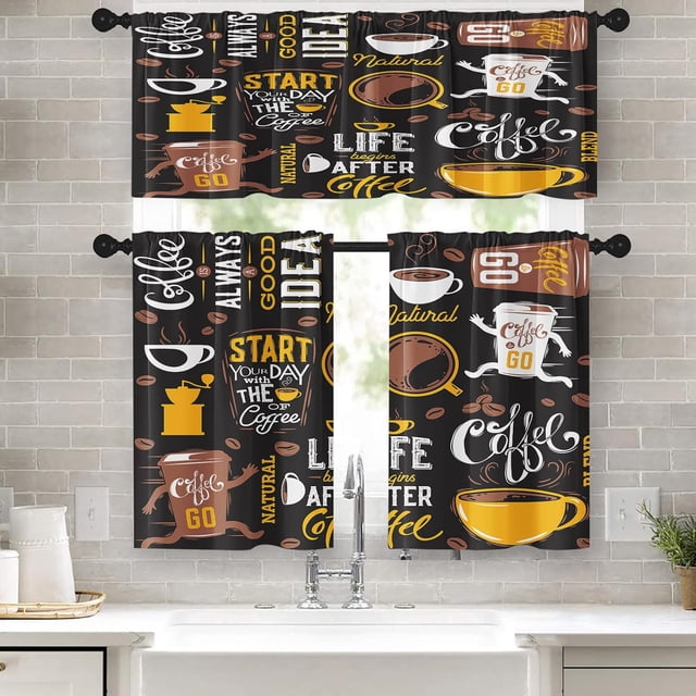 Yellow Kitchen Curtains Coffee Window Curtains and Valances Set 36 Inch, Brown Black Cute Short Tier Curtain for Kitchen, White Cartoon Cute Doodle Small Kitchen Decor