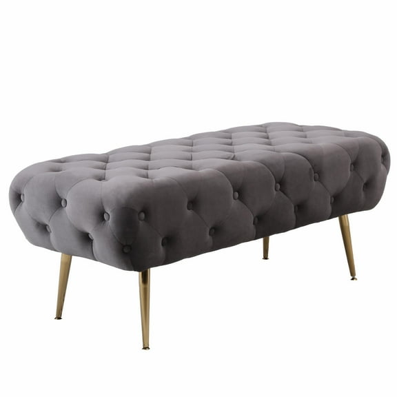 Sira Velvet Button Tufted Bench with Gold Metal Legs in Gray
