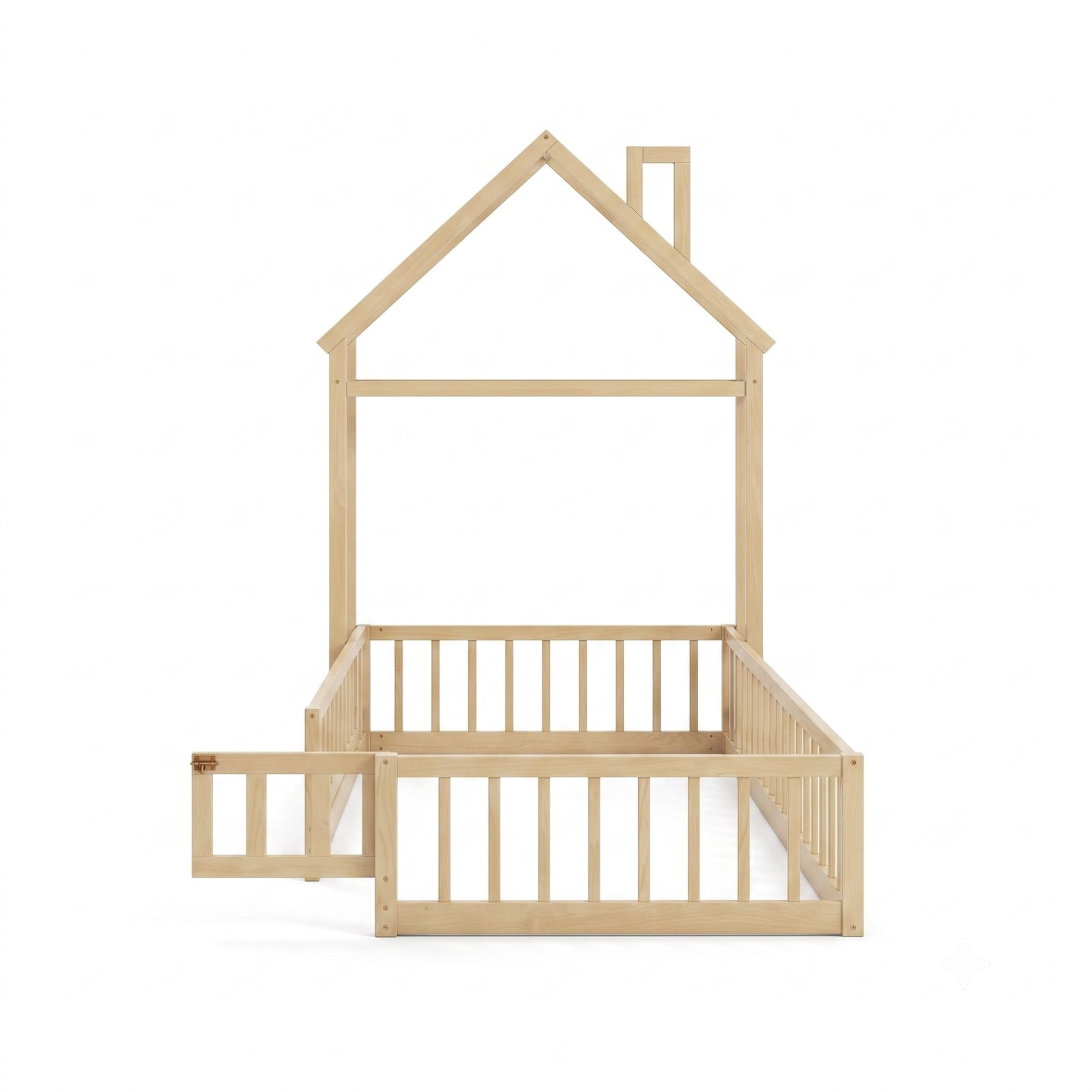 Furnibear Full Size Bed Frame House Floor Bed with House-Shaped Frame and Full-Length Fence Guardrails for Kids Room, Natural