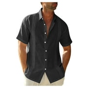 Button Down Short Sleeve Linen Shirts for Men Summer Casual Spread Collar Hippie Beach Button Down Shirts