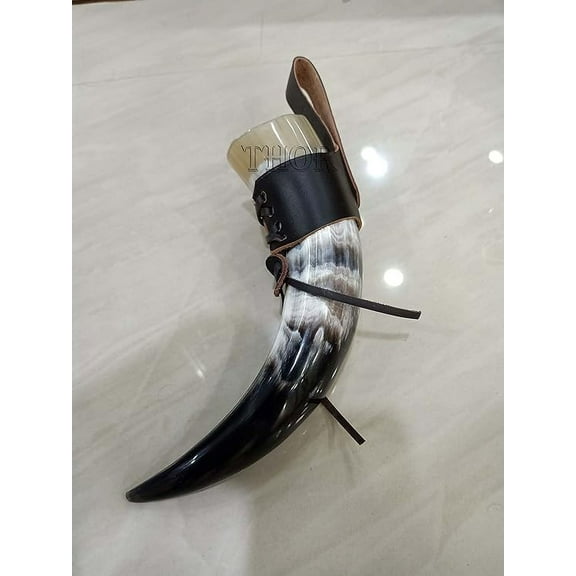 Medium Drinking Horn, approx 12oz Medieval Viking Cup w/Black Leather Holder Rustic Vintage Home Decor Gifts