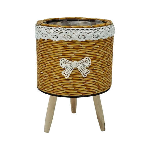 Large Wicker Basket Stand with Wooden Legs - Indoor Rattan Woven Planter Basket, Decorative Floor Flower Pot Holder for Boho, Farmhouse, and Modern Home Decor