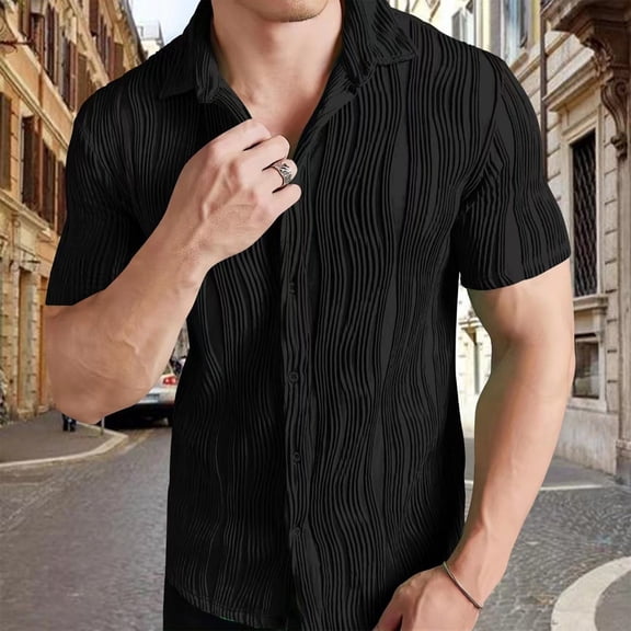 Men Shirts, Fashionable Men's Solid Color Striped Texture Short Sleeved Casual Shirt