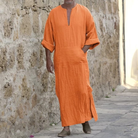 Men S Shirts Casual Fashion Muslim V Neck Long Sleeve Robe Jacket Top Orange XL