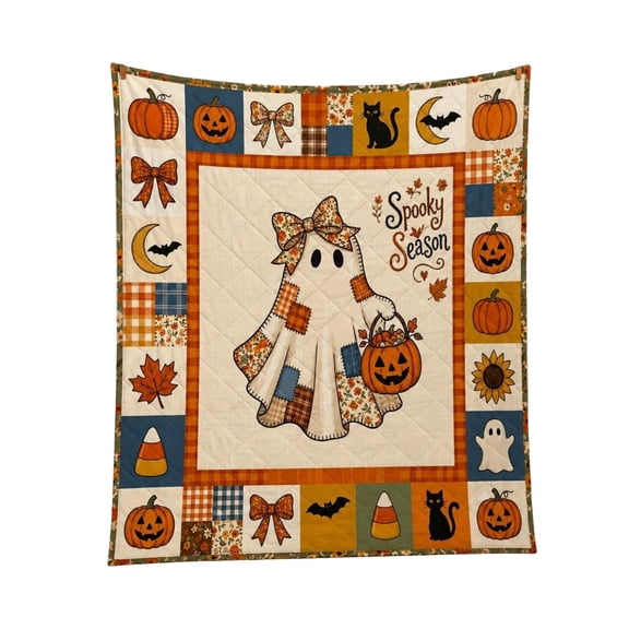Halloween Spooky Season Throw Blanket, Ghost Pumpkin Graphic Flannel Blanket, Soft Cozy Lightweight Holiday Decorative Throw for Couch Bedroom, Halloween Gift for Family Friends,XL