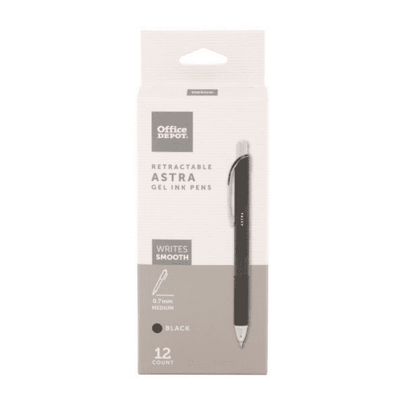 Astra Retractable Gel Pens, 0.7 mm Medium Point, Black Barrel, Black Ink, Pack of 12