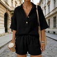 thumbnail image 6 of Shadoumai Linen Sets For Women 2 Piece 2026 Summer Casual V Neck Button Short Sleeve Beach Vacation Outfits Oversized Suits, 6 of 7