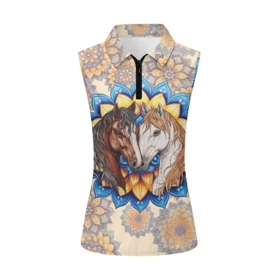 Whosucclay Horse Mandala Print Sleeveless Shirts for Women, Casual Elastic Anti Shrink Golf Sleeveless Tank for Athletic Tennis Gym Fitness Running