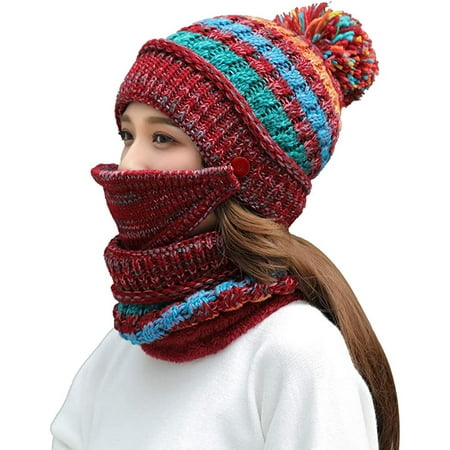 Sinhoon Womens Beanie Hat Scarf Set Girls for Winter Slouchy Knit Skull Cap Neck Warmer Fleece Lined Pom