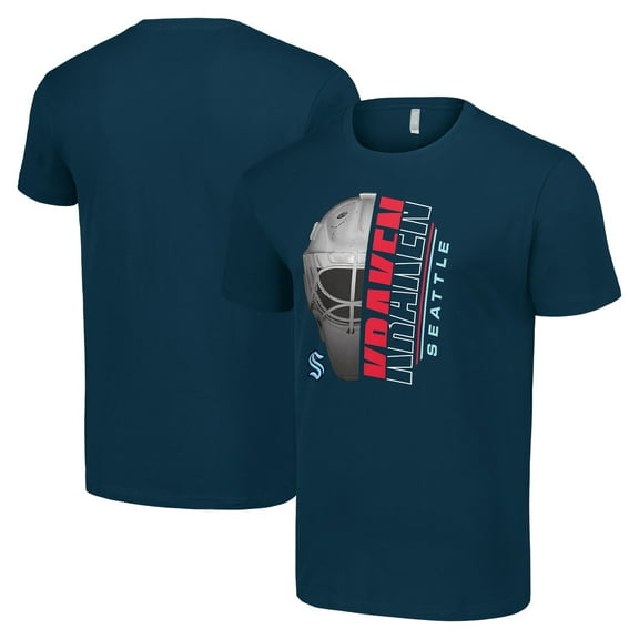 Men's Starter Deep Sea Blue Seattle Kraken Half Helmet Logo T-Shirt