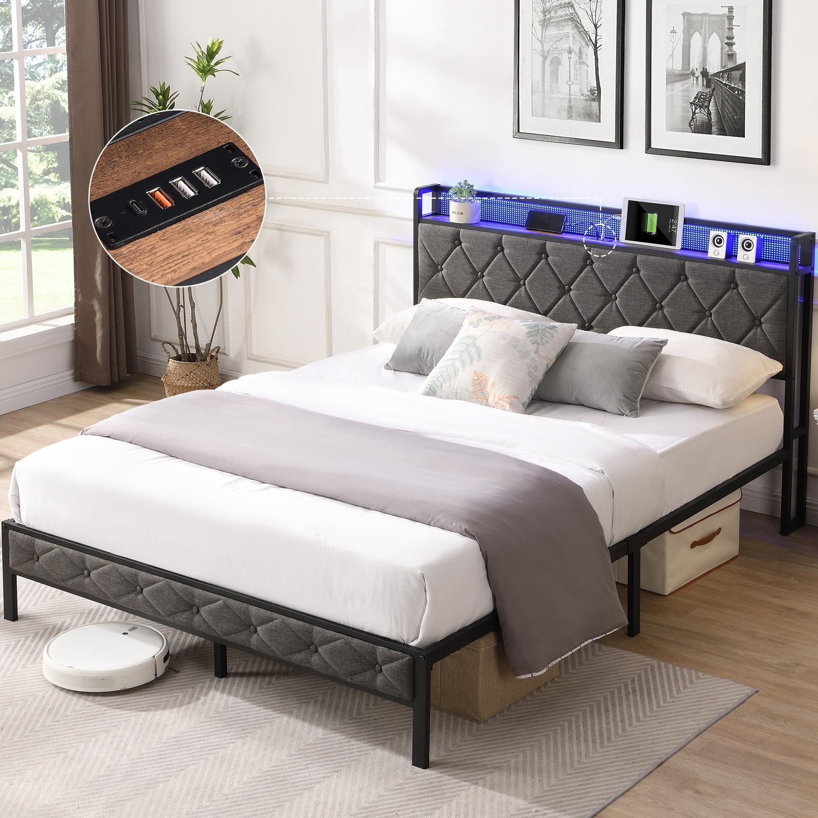 Full Bed Frame with Headboard,Led Lights,Charging Station,Upholstered Platform Bed,Solid and Stable, Noise Free, No Box Spring Needed, Easy Assembly