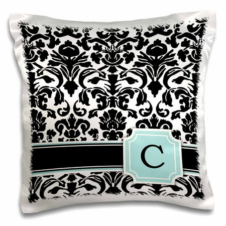 Island Personalized Mint - 3dRose Letter C personal monogrammed mint blue black and white damask pattern - classy personalized initial, Pillow Case, 16 by 16-inch