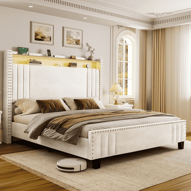 Base Cama De Terciopelo Queen Size Con Cabecera Y Luz Led