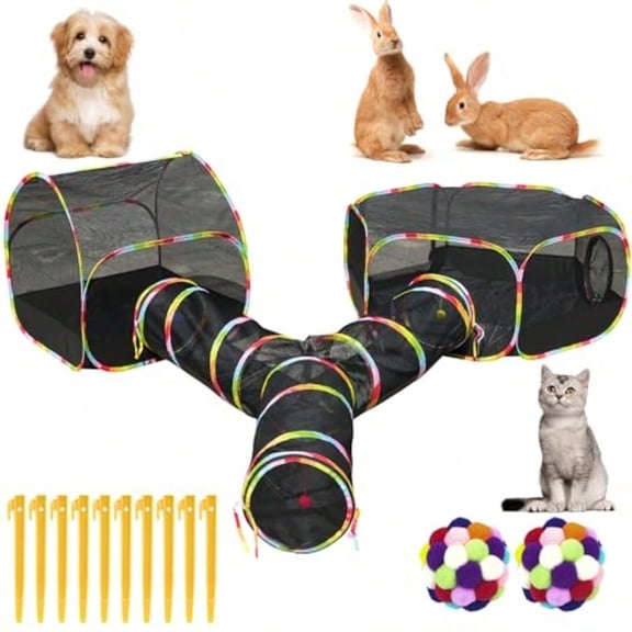 Outdoor Cat Enclosure with Cat Tunnel, Tent, Playhouse and Cat Toy Ball with Bell - Portable Indoor/Outdoor Playpen for Small Cats & Animals