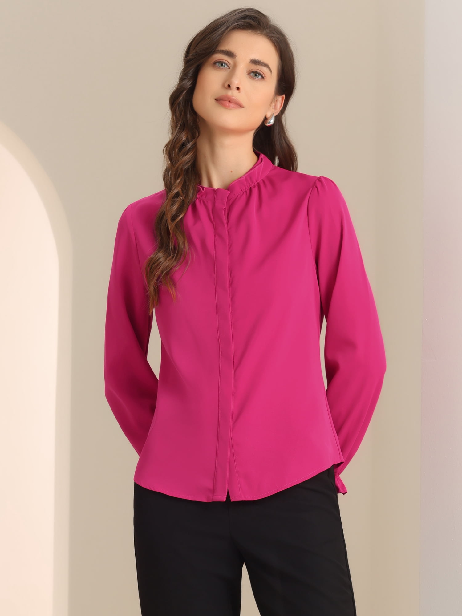 DARING DIVA Chiffon Stand Collar Ruffled Trim Blouses M Hot Pink