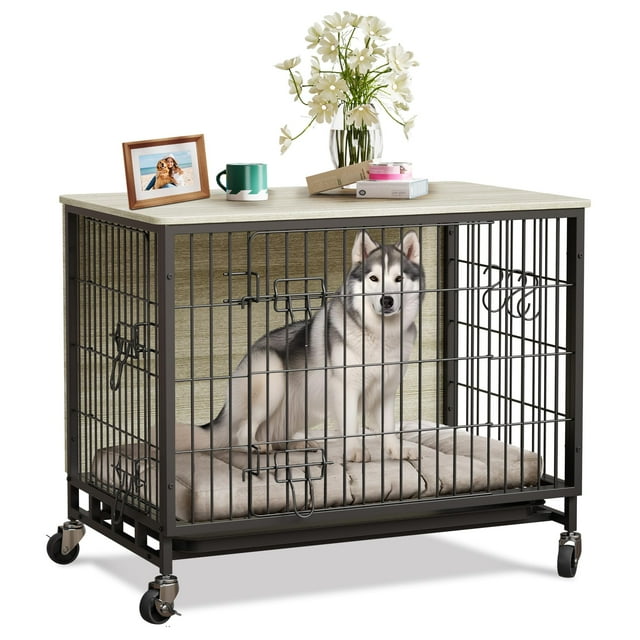 Yeshouse Jaula para perros grande de interior con ruedas, puertas dobles y bandeja extraíble, acero resistente, fácil de limpiar y montar, mesa auxiliar decorativa para el hogar
