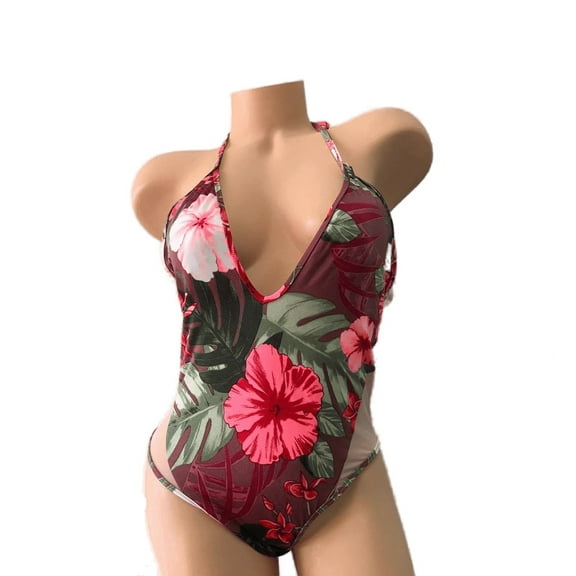 Victoria’s Secret Pink One Piece Plunge Swimsuit Tropical Floral Print Size Medium NWT