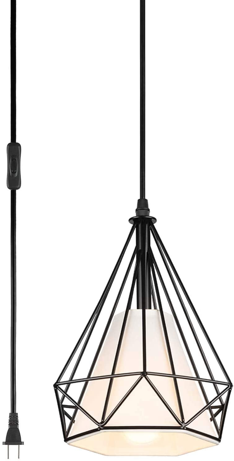 Industrial Plug-in Pendant Light Vintage Hanging Ceiling Lighting E26 Chandeliers Fixture with Metal Fabric Cage Shape On/Off Switch for Kitchen Island Dining Room Hallway Farmhouse