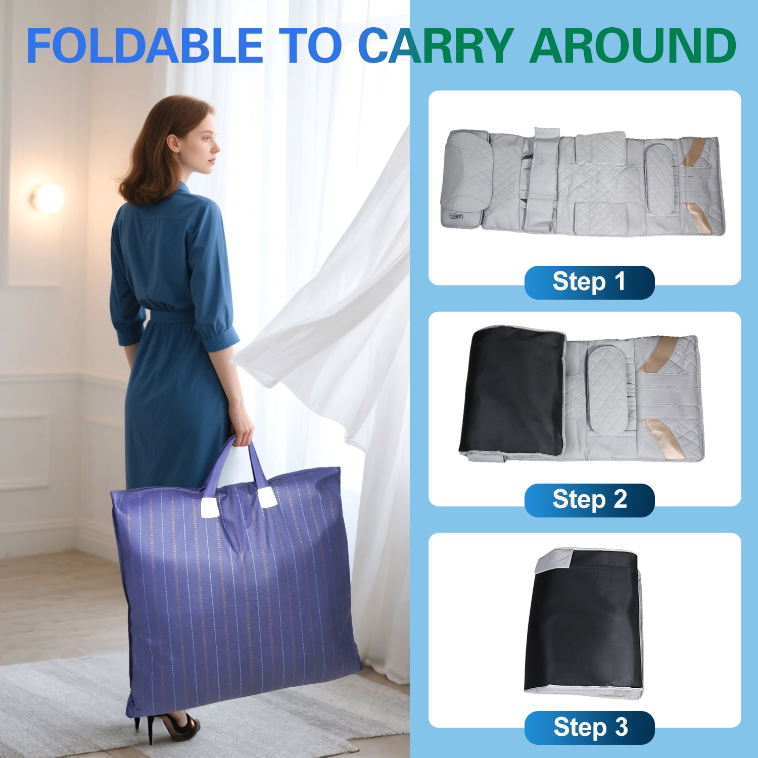 Foldable Full Body Massage Mat with Heat & Timer & Remote & Airbag, 4 Zone Shiatsu Vibration Massage Pad with Removable Neck Pillow for Home & Office