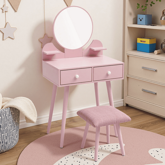 Pirecart Kids Vanity Table and Chair Set, 2 in 1 Wooden Makeup Table and Stool with Storage Drawer & Shelves & Detachable Top, Girls Vanit for Age 3 , Pink