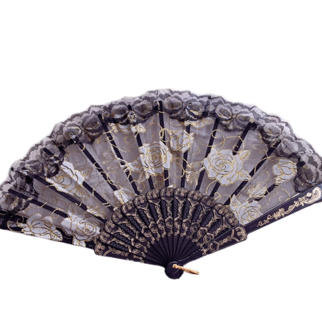 Flower Lace Handheld Folding Hand Fan Black Chinese Folding Fans For Women