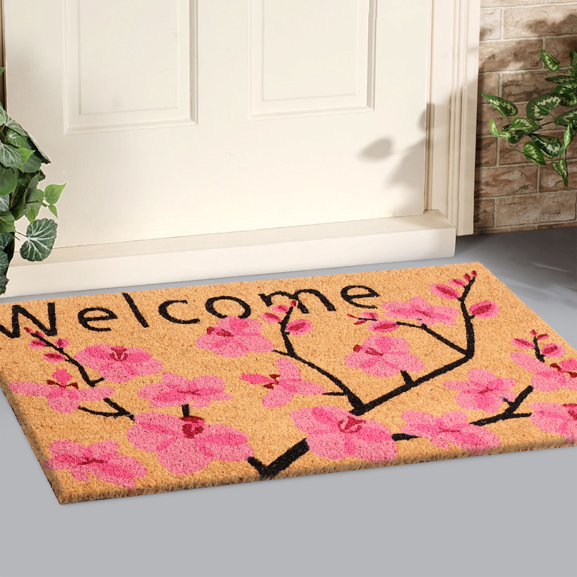 A1HC Natural Coco Coir Doormat, Spring Pink Floral, 18"x30", Durable Outdoor Welcome Mat, Non-Slip, Easy to Clean, Pet Friendly