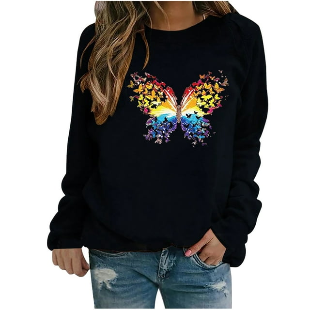 Winter Womens Casual Tops Ladies Butterfly Print Sweatshirt Blouse Tee Sweater