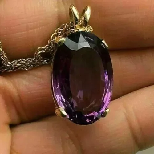 Unique 3Ct Oval Cut Lab Created Amethyst Pendant Free Chain 14K Yellow Gold Over