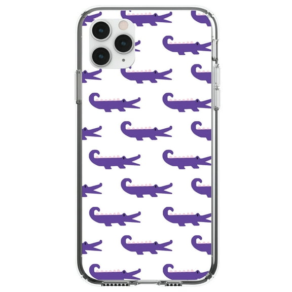 DistinctInk Clear Shockproof Hybrid Case for iPhone 11 Pro (5.8" Screen) - TPU Bumper, Acrylic Back, Tempered Glass Screen Protector - Purple White Alligators - Cartoon Alligators
