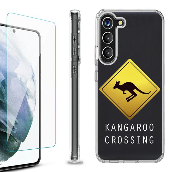 Shockproof Bumper Phone Case for Samsung Galaxy S23 5G, with Tempered Glass Screen Protector, by OneToughShield ® - Road Sign Kangaroo