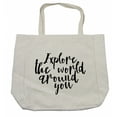 thumbnail image 1 of Saying Shopping Bag, Explore the World Around You Cursive Typography Pattern on Plain Background, Eco-Friendly Reusable Bag for Groceries Beach and More, 15.5" X 14.5", Cream, by Ambesonne, 1 of 2