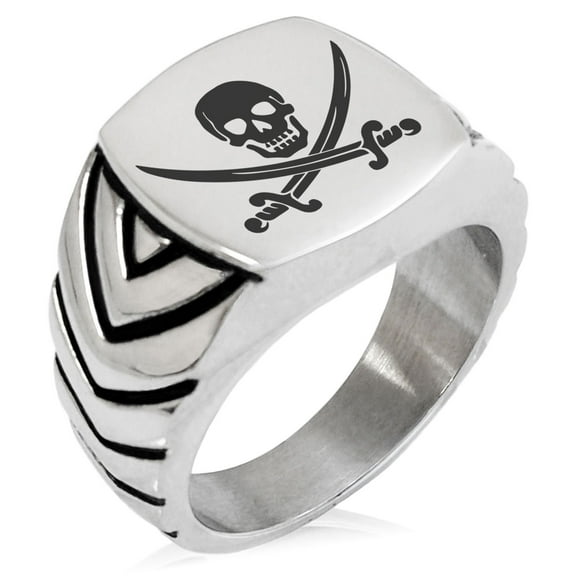 Stainless Steel Pirate Skull & Swords Chevron Pattern Biker Style Polished Ring