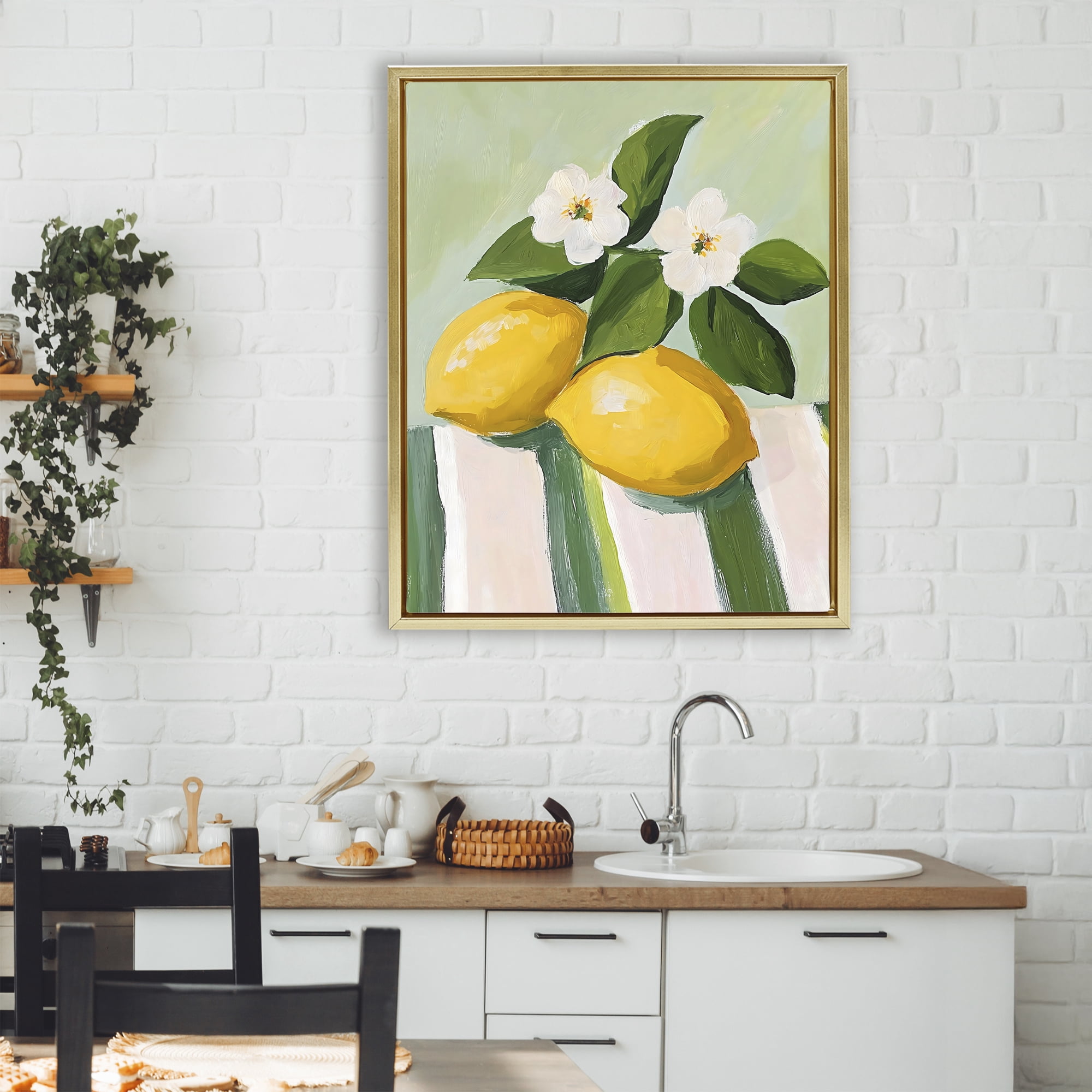 Stupell Industries Lemons And Daisies on Tablecloth Gold Framed Floater Canvas Wall Art, design by The Prints Vibe