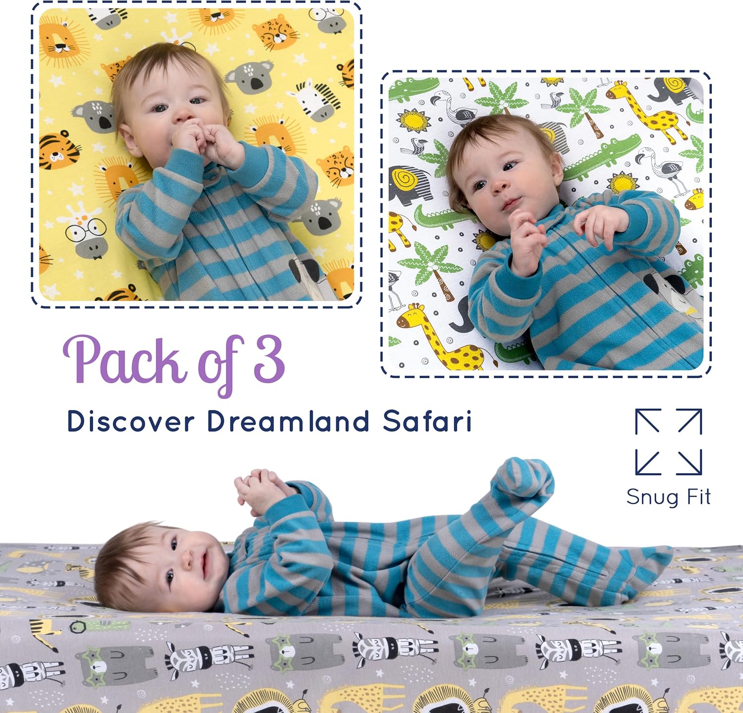 GROW WILD Safari Baby Crib Sheets - 52"x28"x9" Fitted Crib Sheets for Baby Boy or Girl (3 Pack)